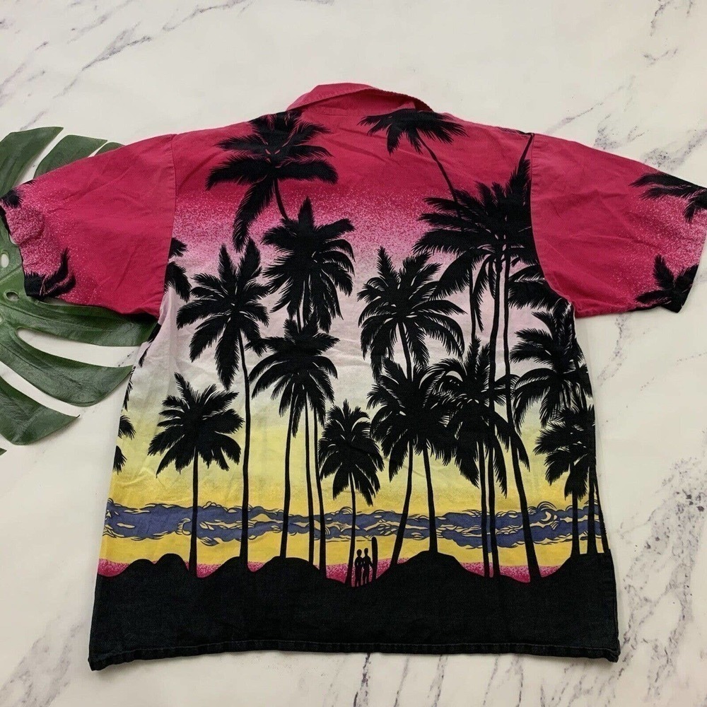 Mens Vintage Hawaiian Aloha Shirt Size M Pink Black Palms Bahamas Tropical Tiki - Picture 7 of 11